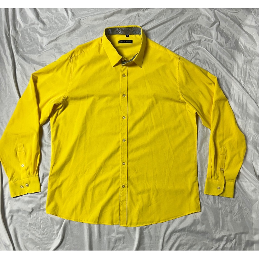 Barry Wang Mens XL Yellow Silk Blend Button Down Dress Shirt Paisley Contrast
